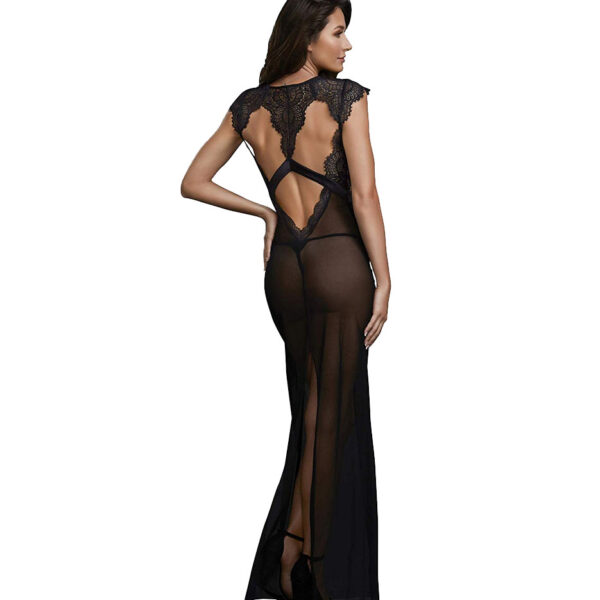 Sheer Mesh and Scalloped Lace Full Length Gown with G-String