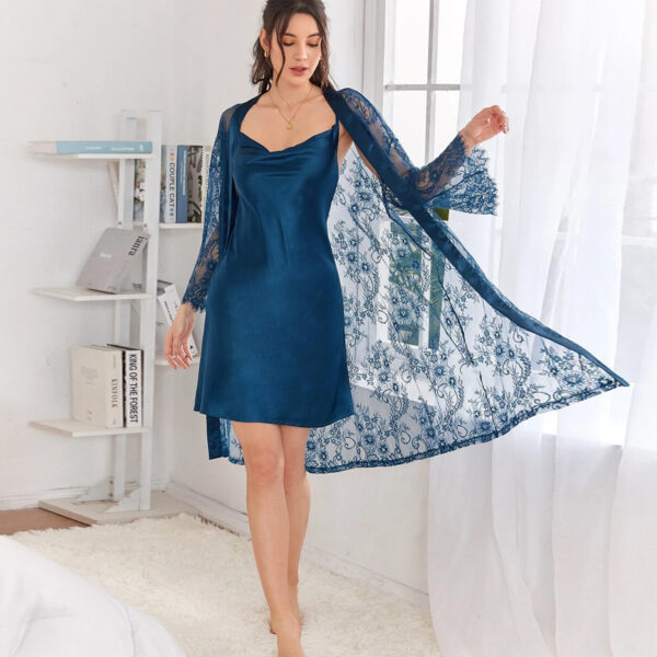 Draped Front Cami Dress & Open Front Lace Robe Set