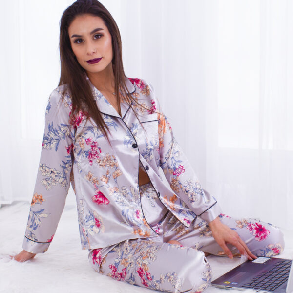 4 Piece Floral Print Satin PJ Set