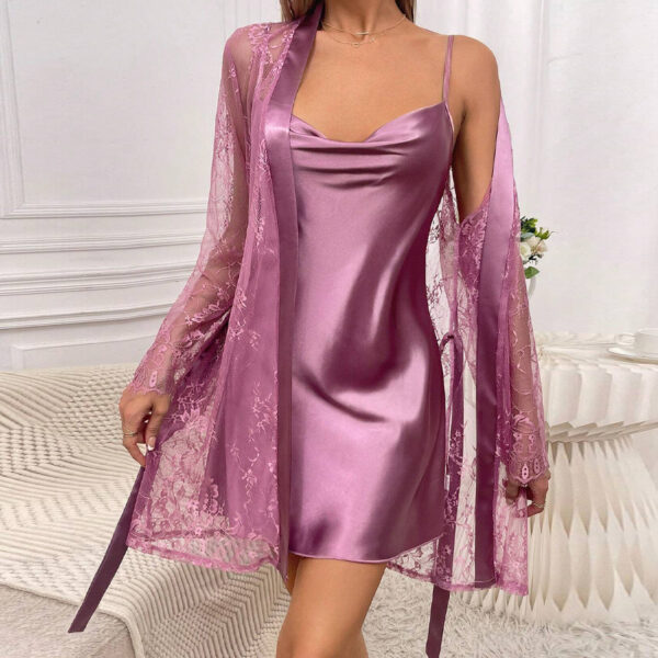 Satin Cami Nightdress & Contrast Lace Robe Set