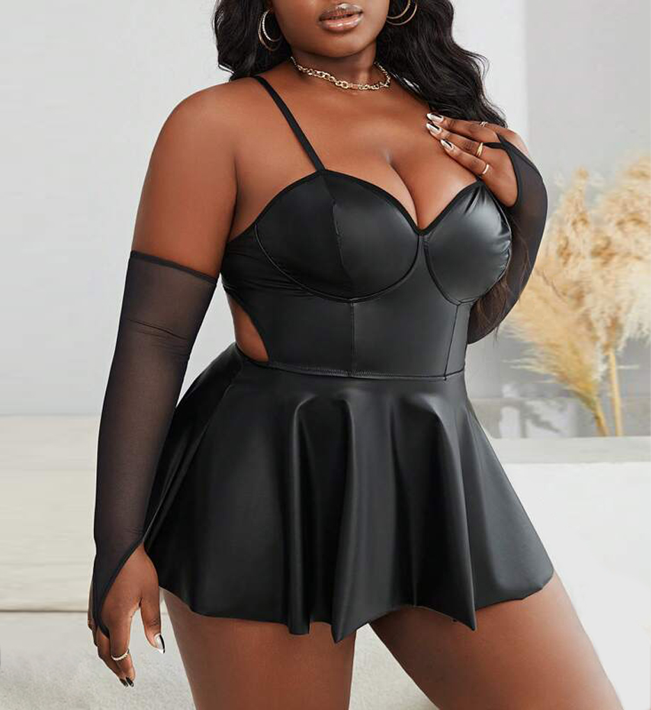 Faux Leather A-Line Babydoll Dress with Oversleeves