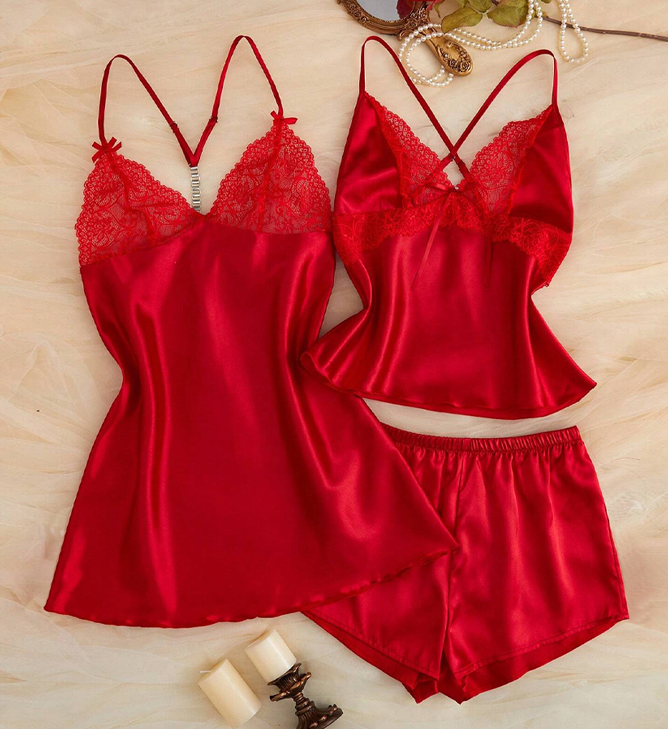 3 Piece Satin Cami & Chemise Lounge Set