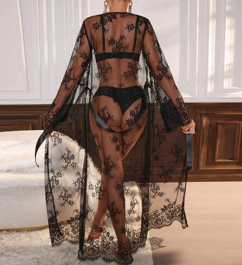 Long Floral Lace Belted Robe