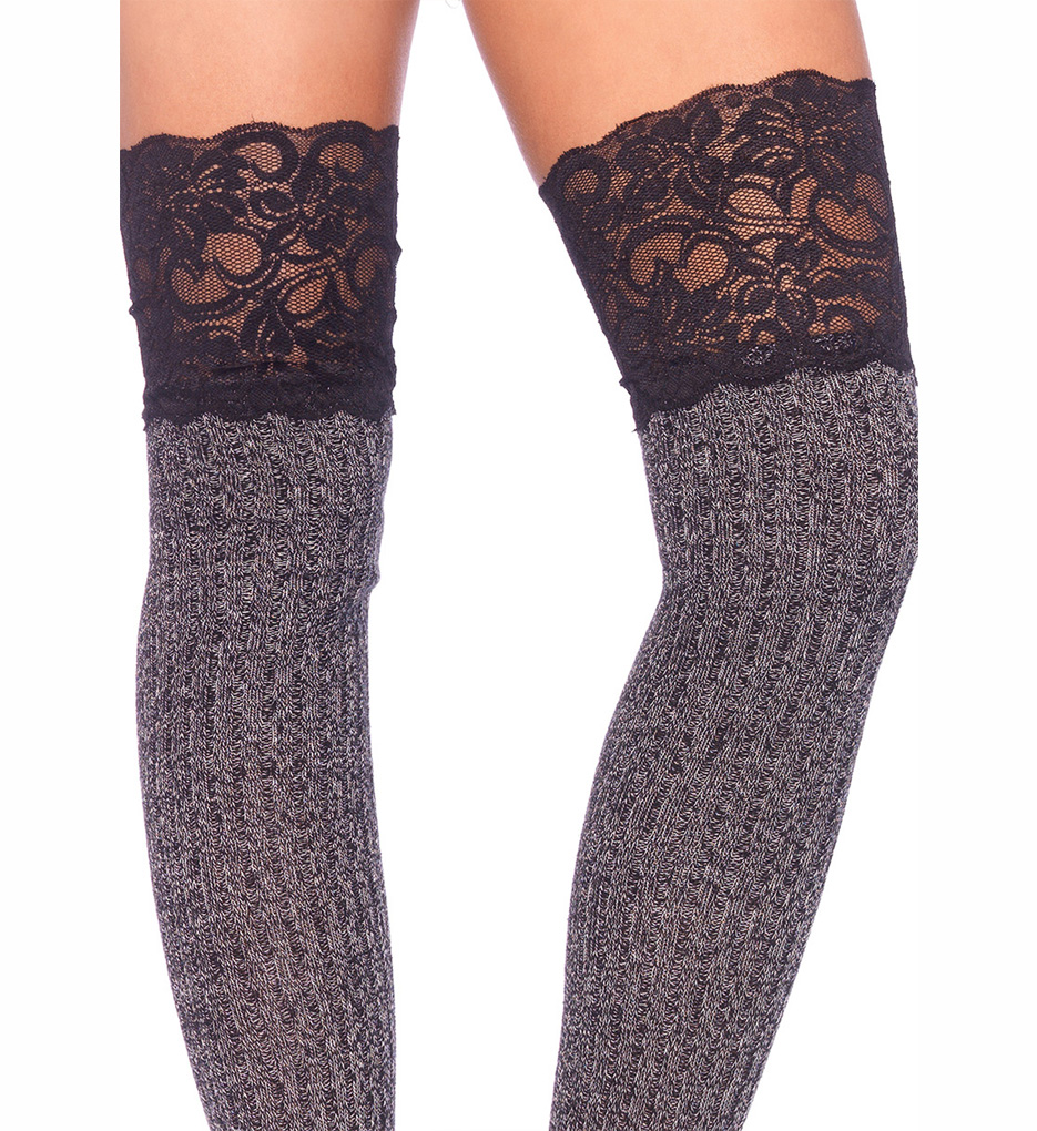 Ribbed Knit Over The Knee Slouch Socks with Lace Top