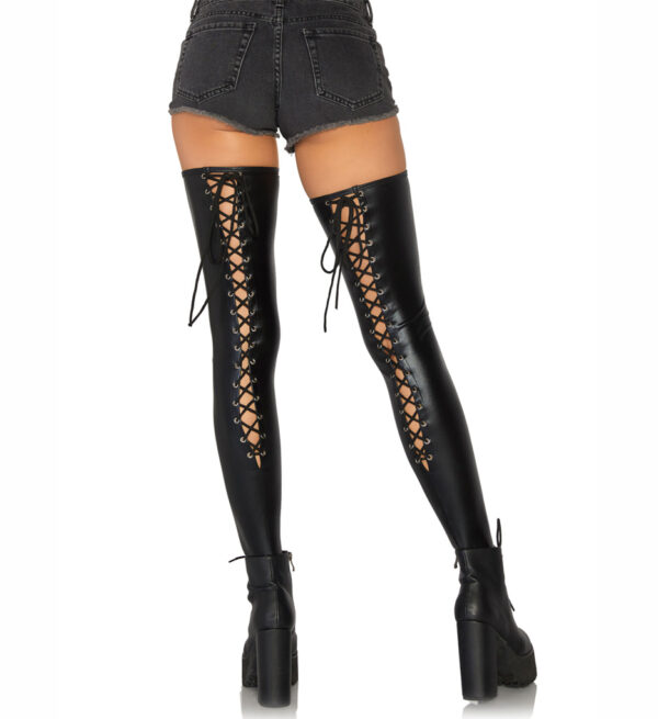 Wet look footless lace up thigh highs